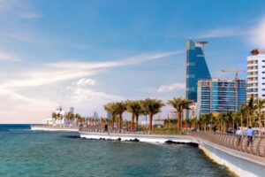 A photo depicting the oceanfront skyline of Jeddah, Saudi Arabia.