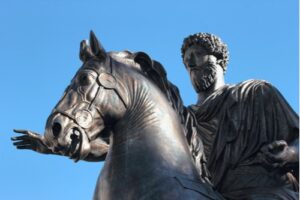 A photo of a statue depicting Roman Emperor Marcus Aurelius that stands in Rome, Italy.