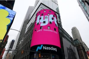 A photo showing the Lyft “Nasdaq Listed” display in Times Square, New York City.