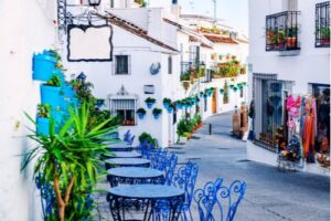 A photo showing buildings along a street in Mijas, Andalucia, in southern Spain.