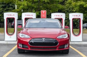 A photo of a Tesla Model S parking at a Tesla charging station in Pickering, Canada.