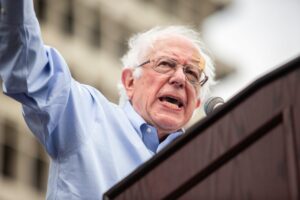 A photo showing Bernie Sanders at a presidential campaign event in Los Angeles.