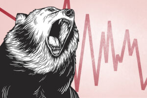 An illustration of a roaring bear in front of a red declining chart background.