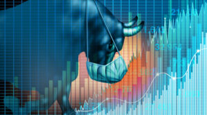 A graphic showing a bull wearing a medical mask overlaid with positive stock charts.