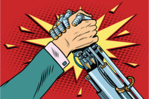 An illustration of a human arm and a robot arm engaged in an arm-wrestling match.