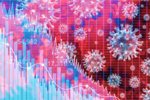 A graphic showing a market crash over a coronavirus background.