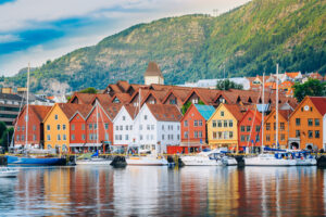 A photo of historical buildings along the water in Bergen, Norway