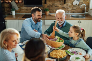 A happy family at the dinner table