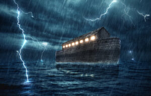 An image of an ark on the sea during a lightning storm.