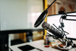 A photo of a microphone and recording equipment