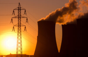 A power plant at sunset