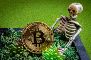 A photo showing a gold Bitcoin in a small grave with a plastic skeleton.