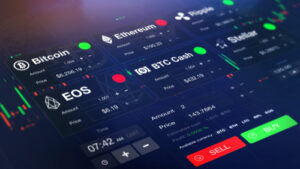 A futuristic image of a stock exchange showing various cryptocurrencies.