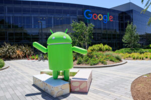 Green Android statue in front of Google’s headquarters in Mountain View, California.