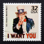 A photo of a postage stamp from 1998 showing an image of Uncle Sam from World War I