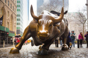 Tthe landmark Charging Bull statue located in Lower Manhattan.