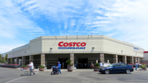 A photo of a Costco warehouse storefront in California on a sunny day.