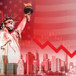 The Statue of Liberty wearing a COVID-19 mask with a faded American Flag and decreasing stock chart illustrated in the background.