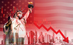 The Statue of Liberty wearing a COVID-19 mask with a faded American Flag and decreasing stock chart illustrated in the background.