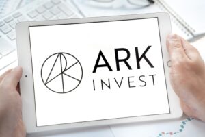 The logo for Cathie Wood’s company, Ark Invest, on a white tablet screen.