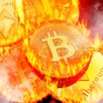 Cryptocurrency coins bursting into flames.