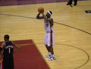 Lebron James shooting a foul shot.