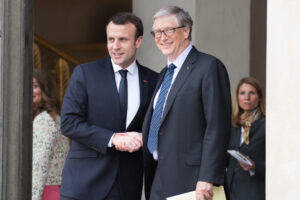 The french President Emmanuel Macron welcoming Bill Gates at the Elysee Palace