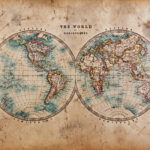 A stained world map from the 1800s depicting the Western and Eastern hemispheres.