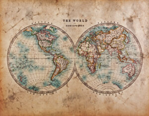 A stained world map from the 1800s depicting the Western and Eastern hemispheres.