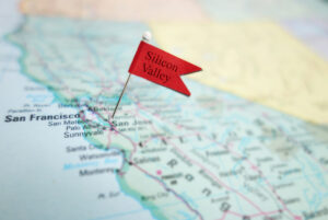 A map of California with a Silicon Valley flag marker.