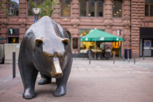 A bear statue on display at the Frankfurt Stock Exchange