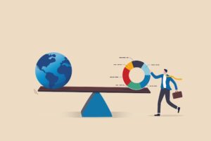 The world and international stocks allocation on opposite sides of a seesaw.