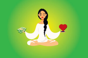 A woman holding money in one hand and a heart in the other.