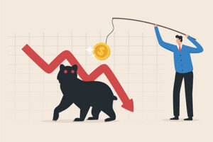 A cartoon man dangling a gold coin over a bear standing in front of a downward sloping line.