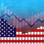 An American flag colored bar chart with an arrow trending upwards.