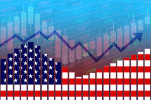 An American flag colored bar chart with an arrow trending upwards.