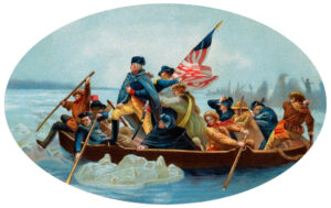 A replica of the famous painting of George Washington crossing the Delaware River.