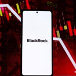 The logo for BlackRock on an iPhone screen with a downward trending arrow in the background.