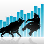 A bar graph trending higher in the background as a bull pushes a bear to the side.