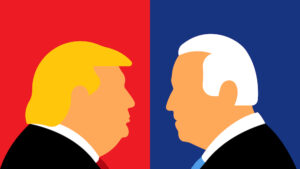 Two side-by-side images of President Joe Biden on the right, and Donald Trump on the left.