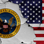 Flags of Securities and Exchange Commission and USA painted on cracked wall.