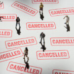 Diverse silhouettes scattered amongst multiple stamps that read “cancelled.”