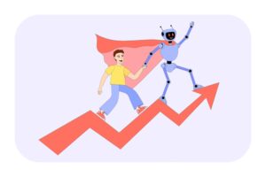 A human and robot climbing up an upward trending red arrow.
