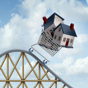 House in a shopping cart falling down a rollercoaster.