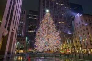 The Rockefeller tree lit up for Christmas.