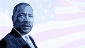An illustration of Martin Luther King Jr. in front of an American flag.
