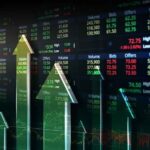 A stock exchange's financials with upward trending arrows over top of it.
