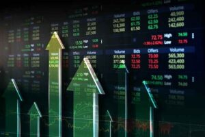 A stock exchange's financials with upward trending arrows over top of it.