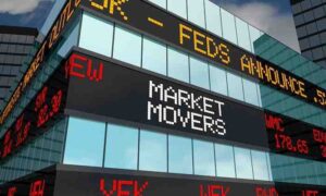 Words flying by on the NYSE marketing screens with “MARKET MOVERS” right in the middle.