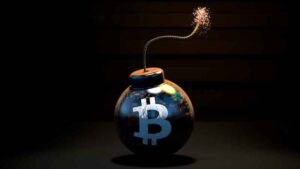 The Bitcoin symbol on a lit bomb.